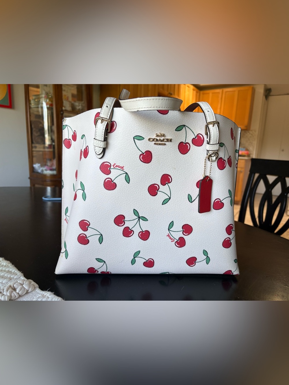 Coach White Cherry Print Tote with Red Accents